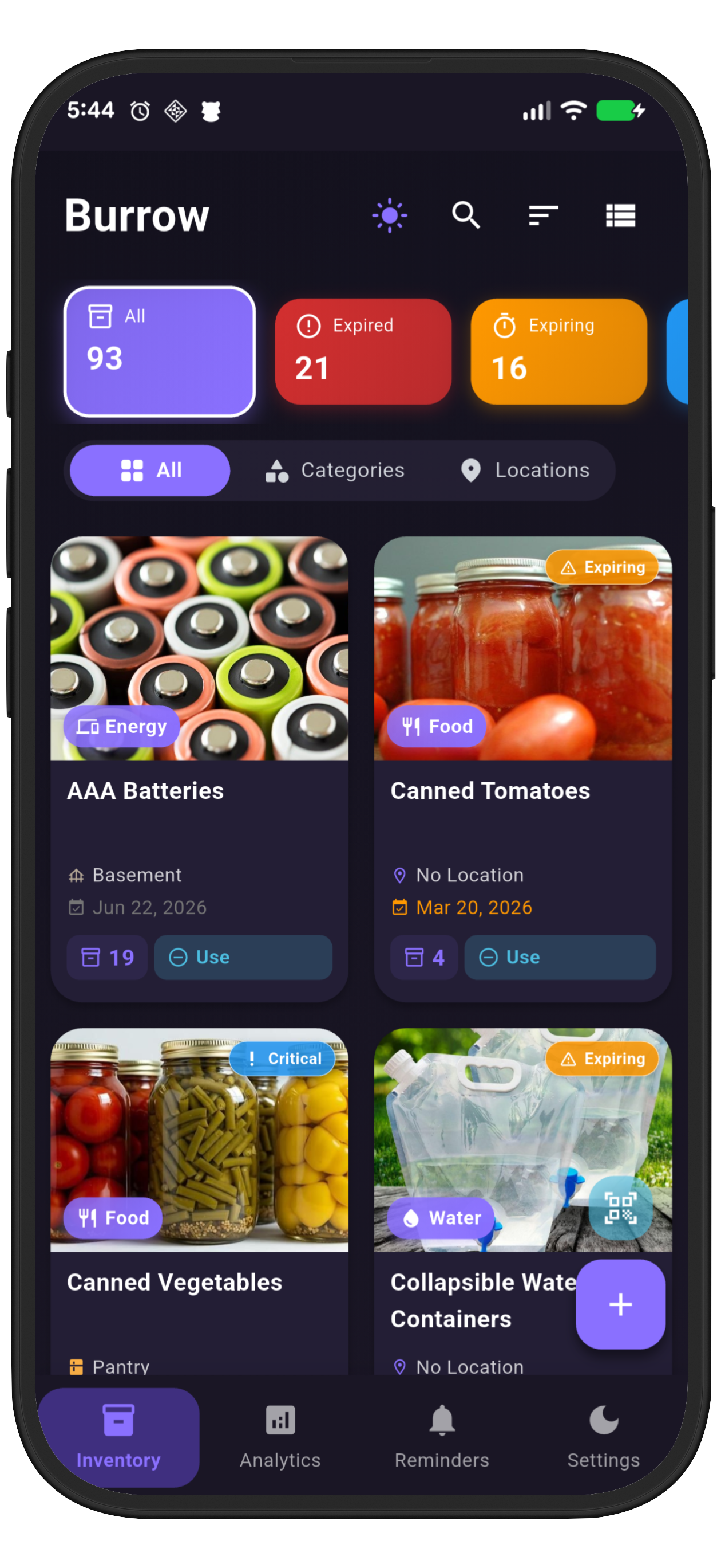 Burrow dashboard grid - dark mode