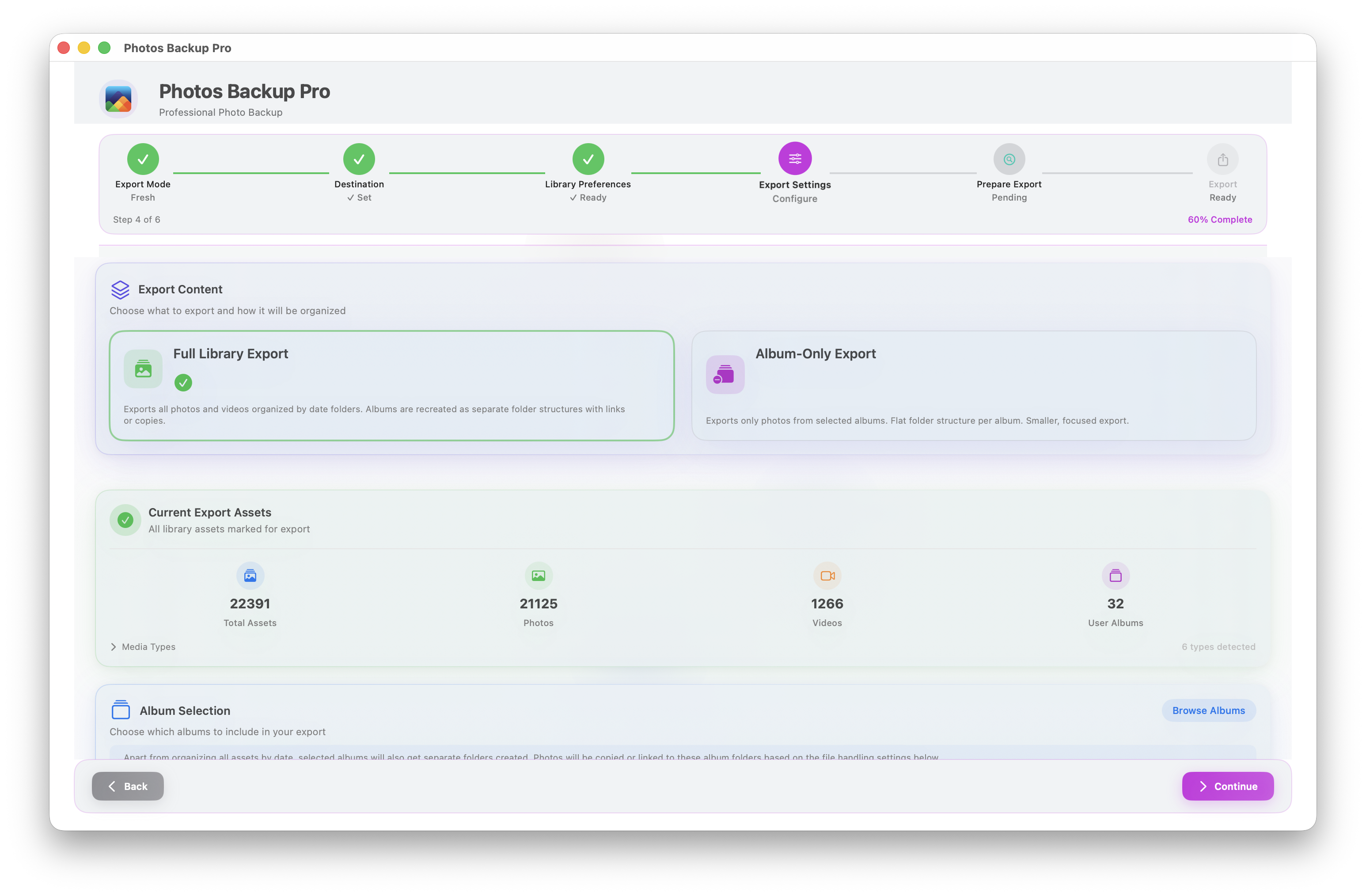Full library or album-only export with live asset counts