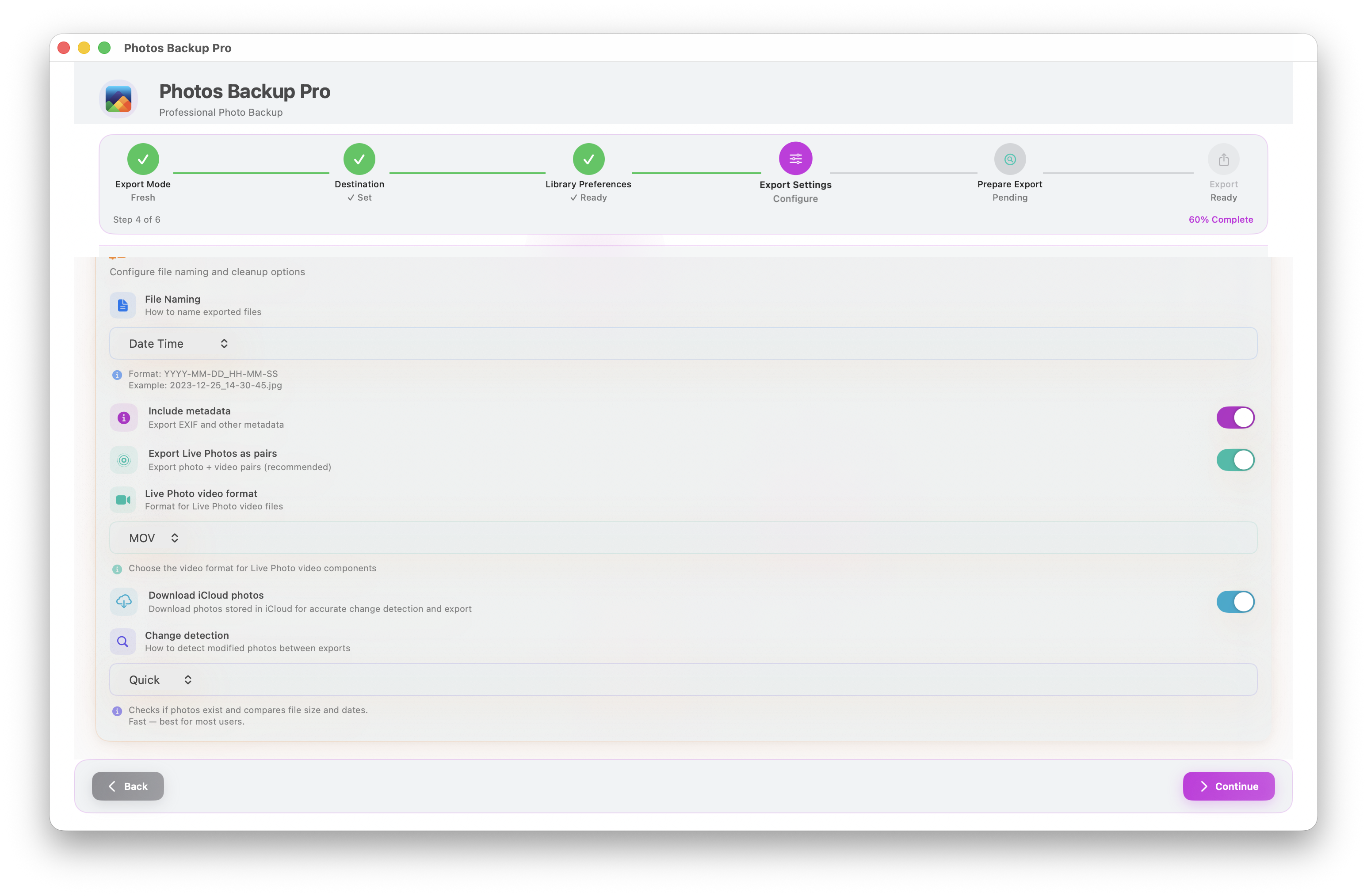 File naming, Live Photo pairs, and change detection settings
