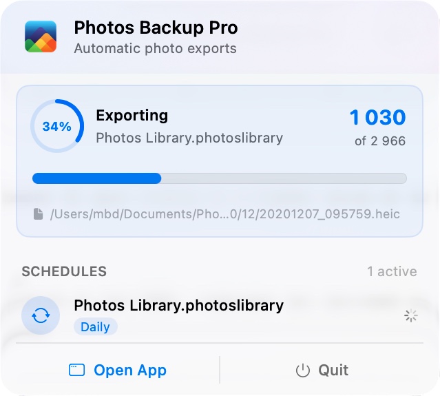Photos Backup Pro menu bar showing export progress