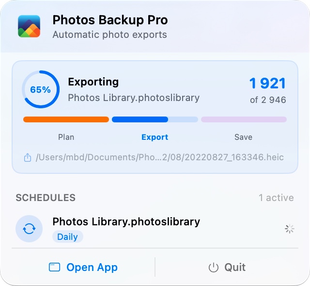 Menu bar showing export in progress